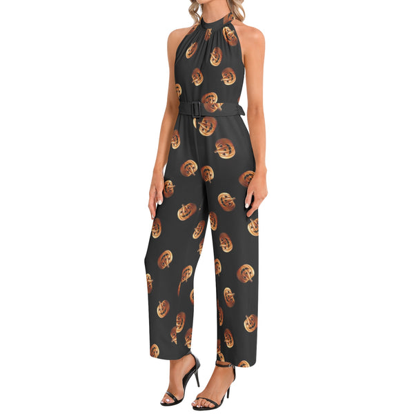 Halter Neck Buckle Belted Jumpsuit