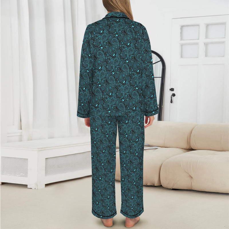 Teal Paisley Women's Long Sleeve Satin Pajama Set