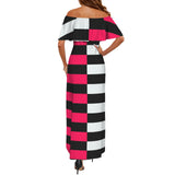 fuchsia striped two tone print 7A Women's Off Shoulder Ruffle Boat Neck Dress (Model D71)