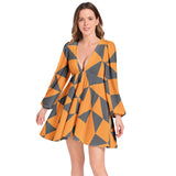 Lantern Sleeve Deep V-Neck Short Dress