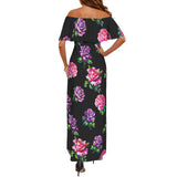 color block floral print 2A Women's Off Shoulder Ruffle Boat Neck Dress (Model D71)