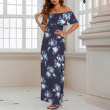 iris print dk print Women's Off Shoulder Ruffle Boat Neck Dress (Model D71)