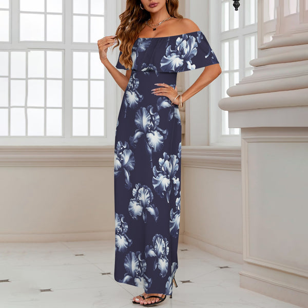 iris print dk print Women's Off Shoulder Ruffle Boat Neck Dress (Model D71)