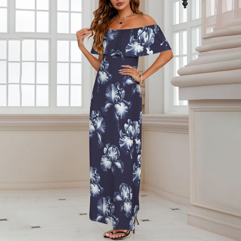 iris print dk print Women's Off Shoulder Ruffle Boat Neck Dress (Model D71)