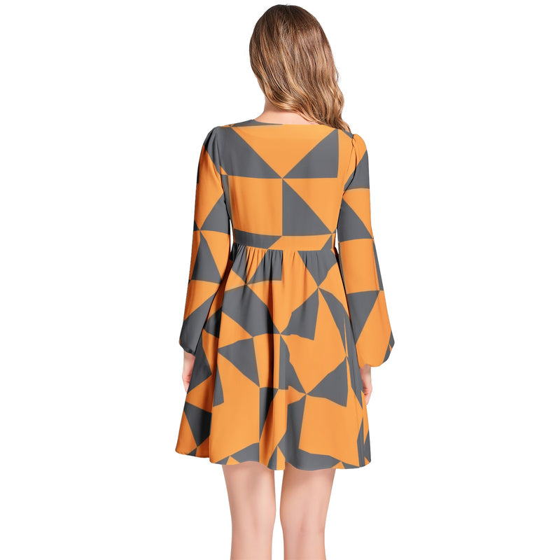 Lantern Sleeve Deep V-Neck Short Dress