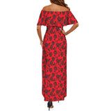 thorny rose black on red Women's Off Shoulder Ruffle Boat Neck Dress (Model D71)