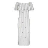 heart accent stripe accent print Women's Off Shoulder Ruffle Boat Neck Dress (Model D71)