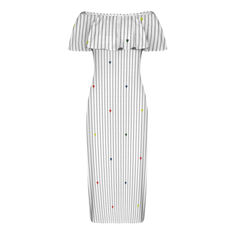 heart accent stripe accent print Women's Off Shoulder Ruffle Boat Neck Dress (Model D71)