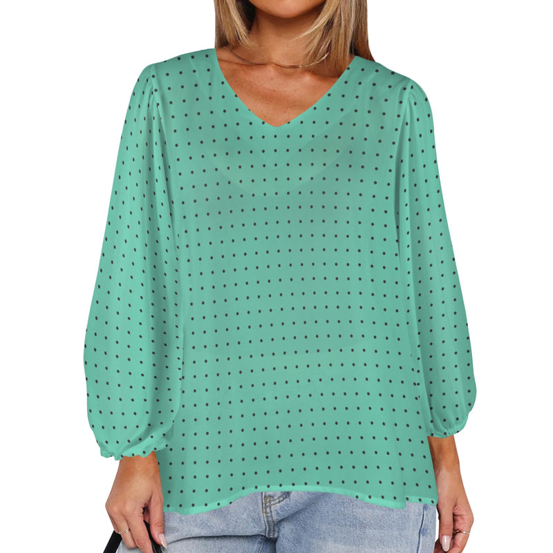 biscay polka dot Loose V-Neck Long Puff Sleeve Top