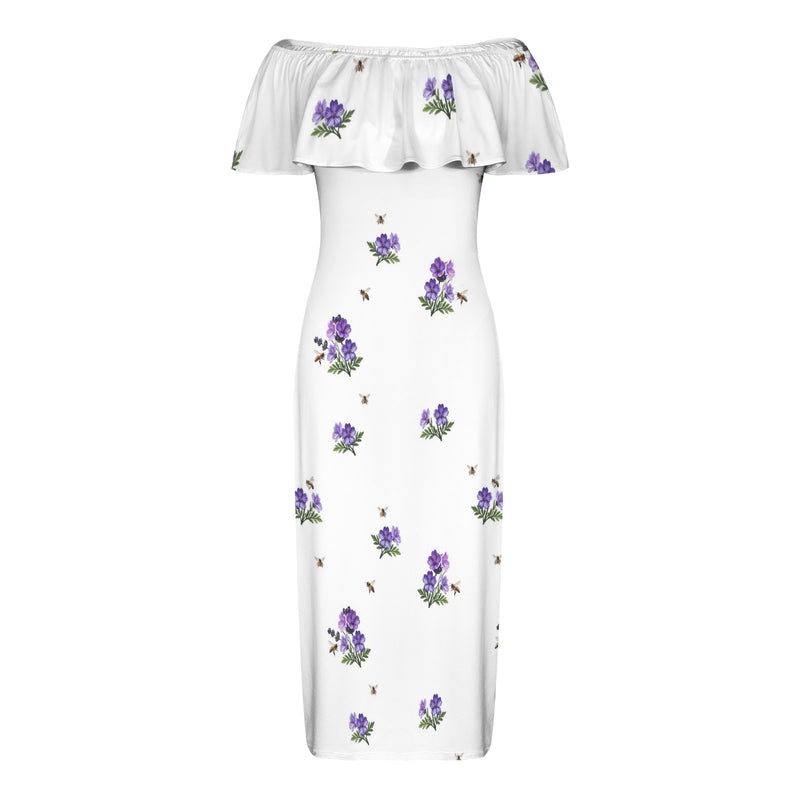 apiary print white Women's Off Shoulder Ruffle Boat Neck Dress (Model D71)