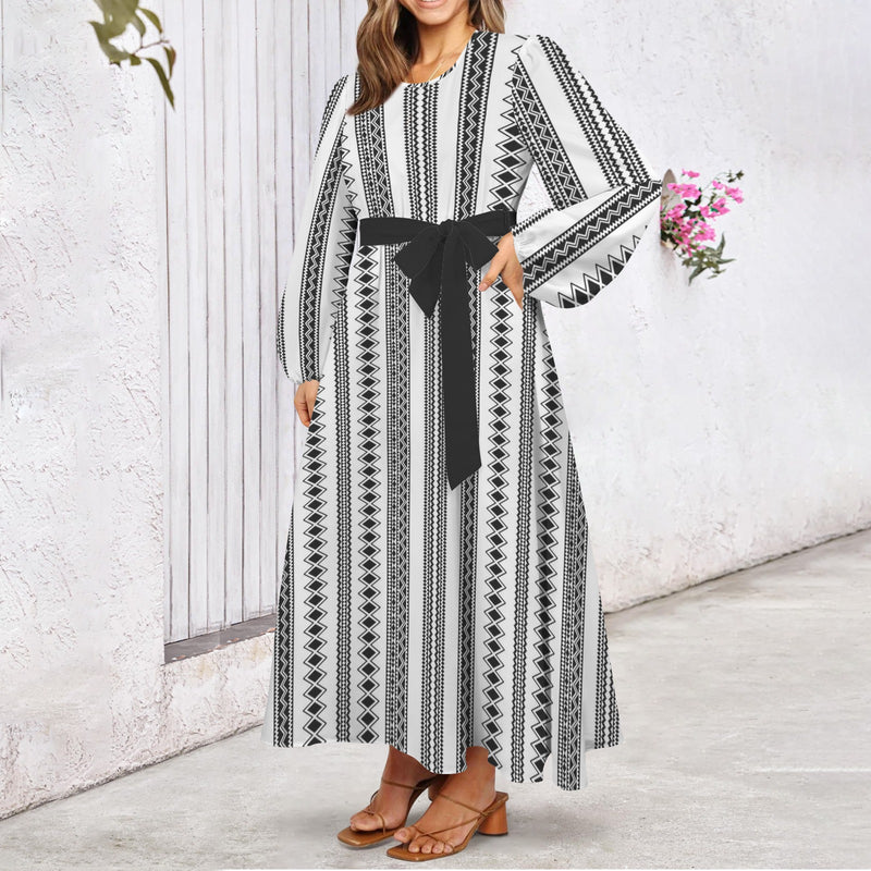 Tribal Round Neck Long Sleeve Belted Maxi Dress