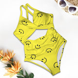 smiley face print 2A Women's Twist Front Tie Back Swimsuit (Model S57)