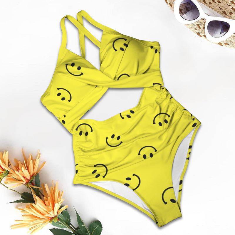 smiley face print 2A Women's Twist Front Tie Back Swimsuit (Model S57)