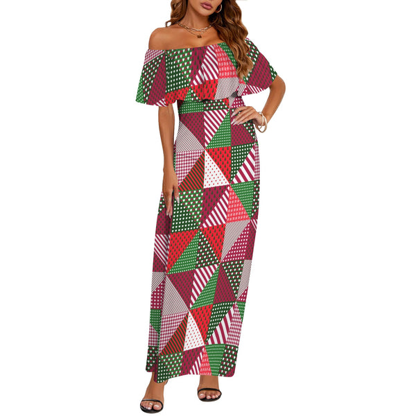 patchwork print xmas 4 Women's Off Shoulder Ruffle Boat Neck Dress (Model D71)