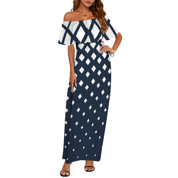 falling squares print 4 Women's Off Shoulder Ruffle Boat Neck Dress (Model D71)