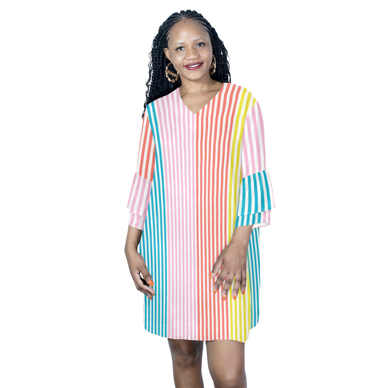 striped print colorful 2A Half Sleeves V-Neck Mini Dress (Model D63)