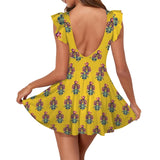 gold floral print 2 Women's Ruffle Sleeve Skirted Swimsuit (Model S59)