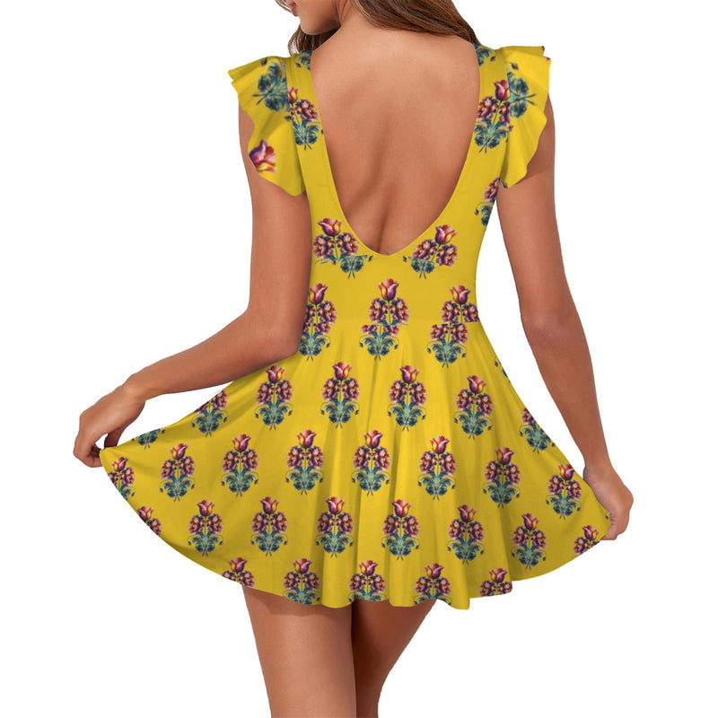 gold floral print 2 Women's Ruffle Sleeve Skirted Swimsuit (Model S59)