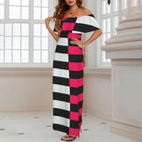 fuchsia striped two tone print 7A Women's Off Shoulder Ruffle Boat Neck Dress (Model D71)