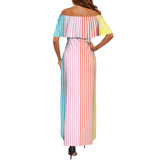 striped print colorful 2A Women's Off Shoulder Ruffle Boat Neck Dress (Model D71)