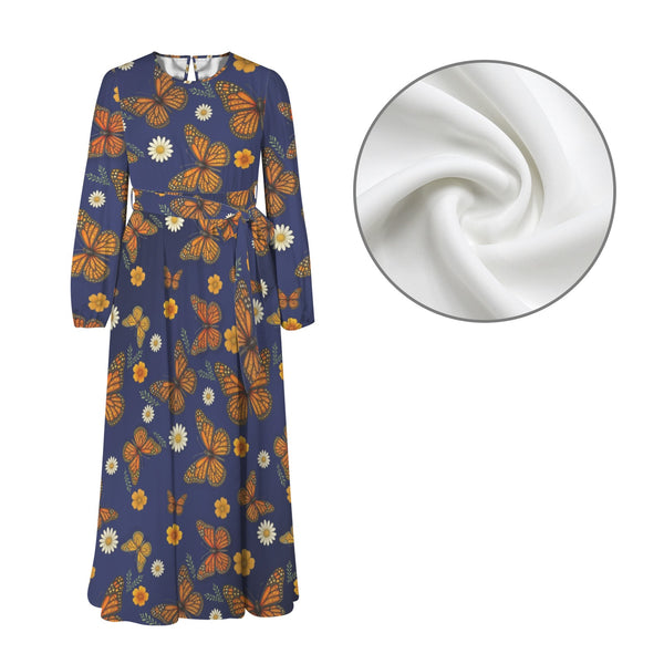 Butterfly Round Neck Long Sleeve Belted Maxi Dress