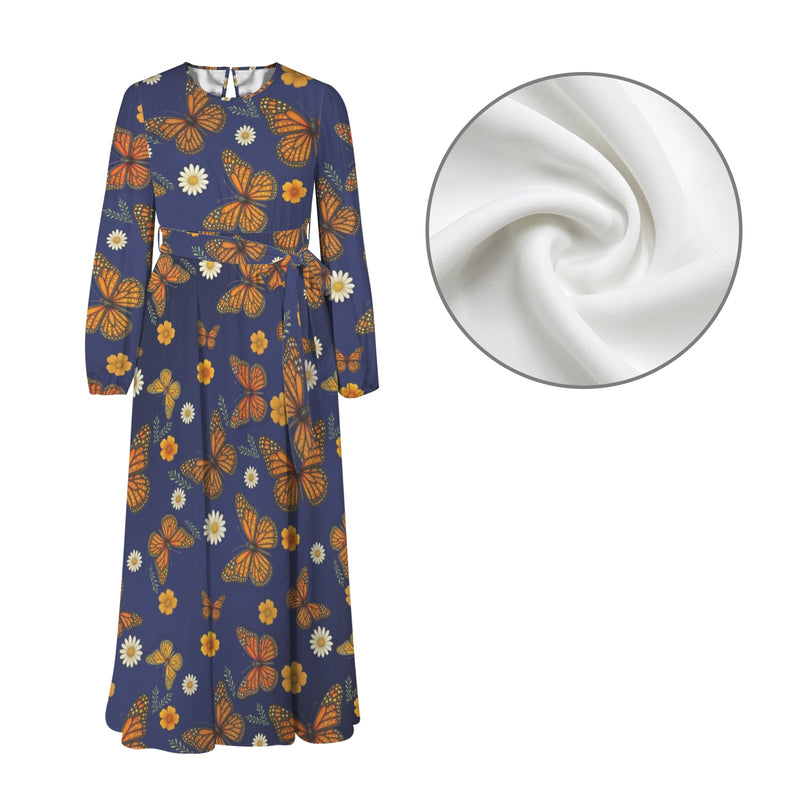 Butterfly Round Neck Long Sleeve Belted Maxi Dress
