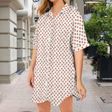 apples white print Short Sleeve Button Front Shirt Dress