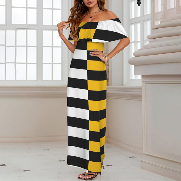 black solid print skirt Women's Off Shoulder Ruffle Boat Neck Dress (Model D71)