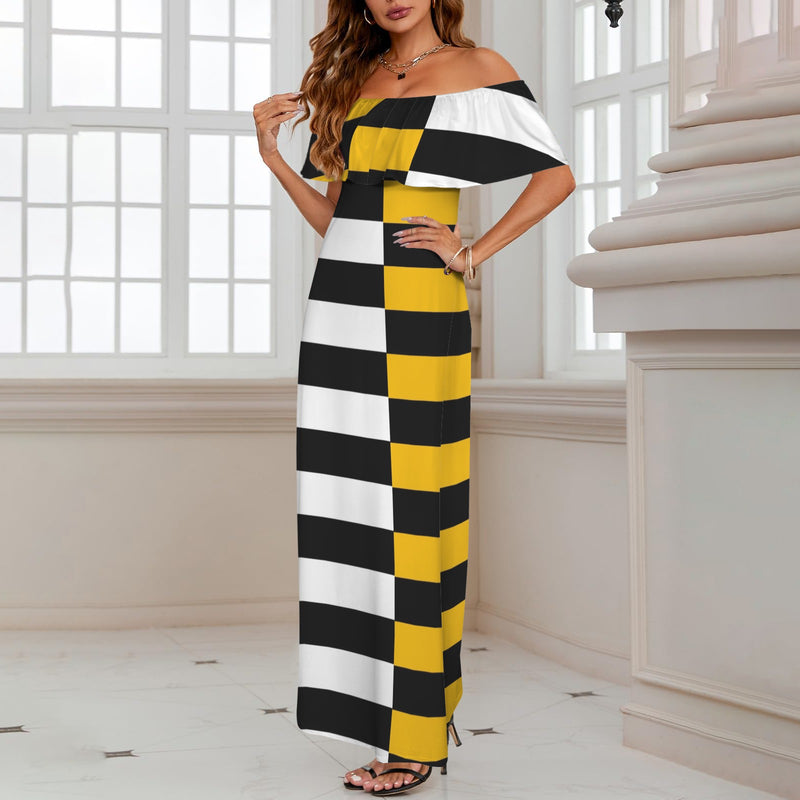 black solid print skirt Women's Off Shoulder Ruffle Boat Neck Dress (Model D71)