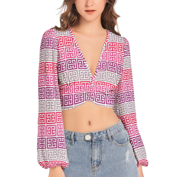 Women's Deep V-Neck Lantern Sleeve Crop Top