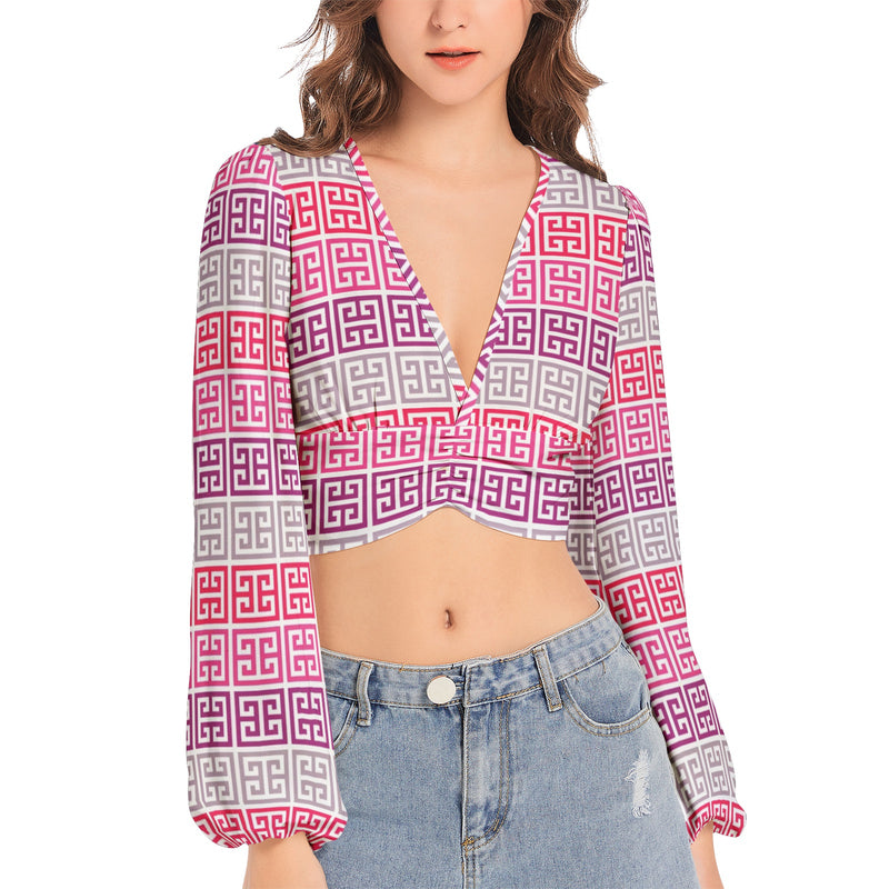Women's Deep V-Neck Lantern Sleeve Crop Top