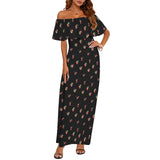 cherry black print 4A Women's Off Shoulder Ruffle Boat Neck Dress (Model D71)