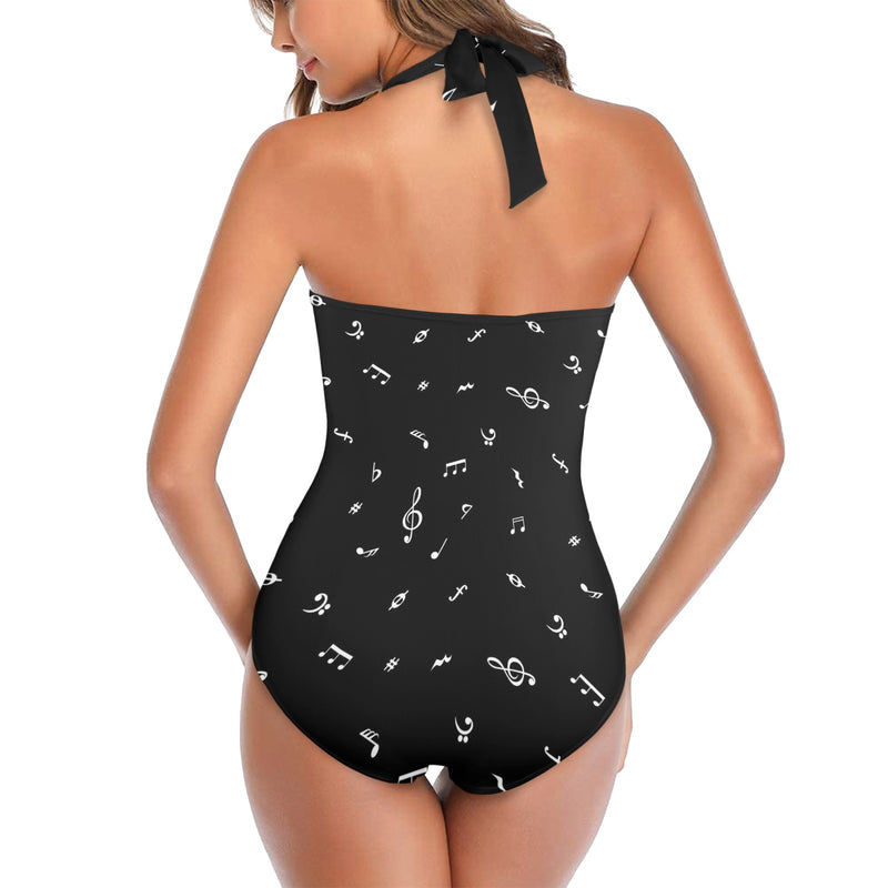 musical note blouse white on black Women's Halter Neck Gather Chest Swimsuit (Model S52)