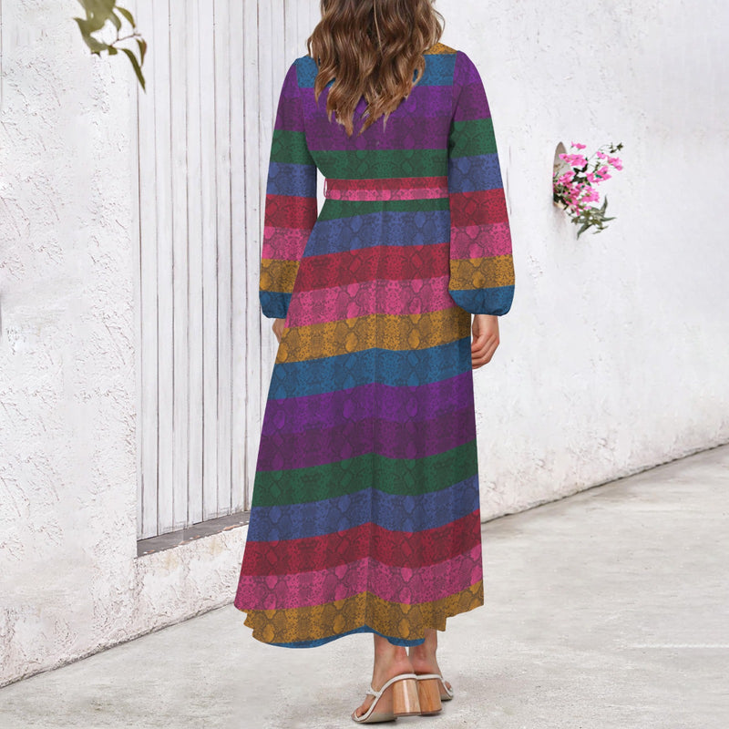 Multicolored Snakeskin Round Neck Long Sleeve Belted Maxi Dress