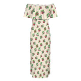 raspberry on tan print 3B Women's Off Shoulder Ruffle Boat Neck Dress (Model D71)