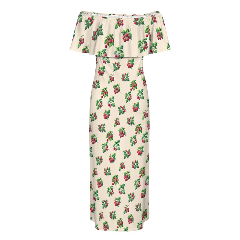 raspberry on tan print 3B Women's Off Shoulder Ruffle Boat Neck Dress (Model D71)