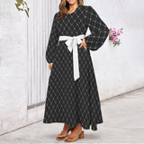 white solid print 2 Round Neck Long Sleeve Belted Maxi Dress