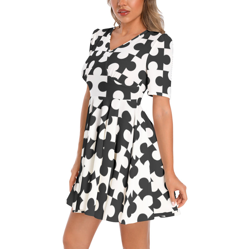 Short Sleeve Ruched Bust Flared Hem Dress