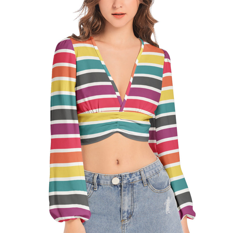 Women's Deep V-Neck Lantern Sleeve Crop Top