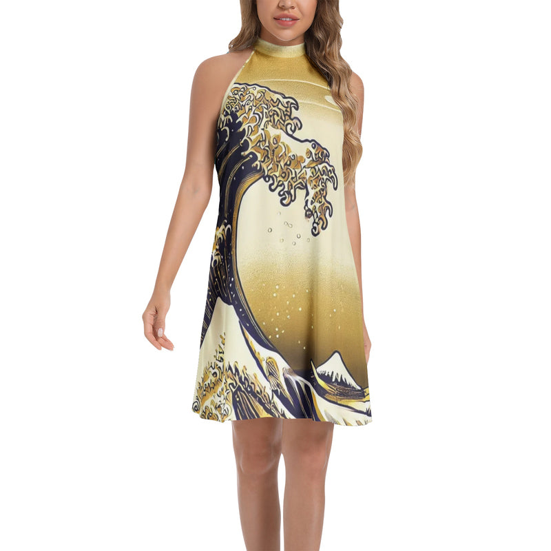 Kanagawa Gold Tie Back Halter Neck Flared Dress