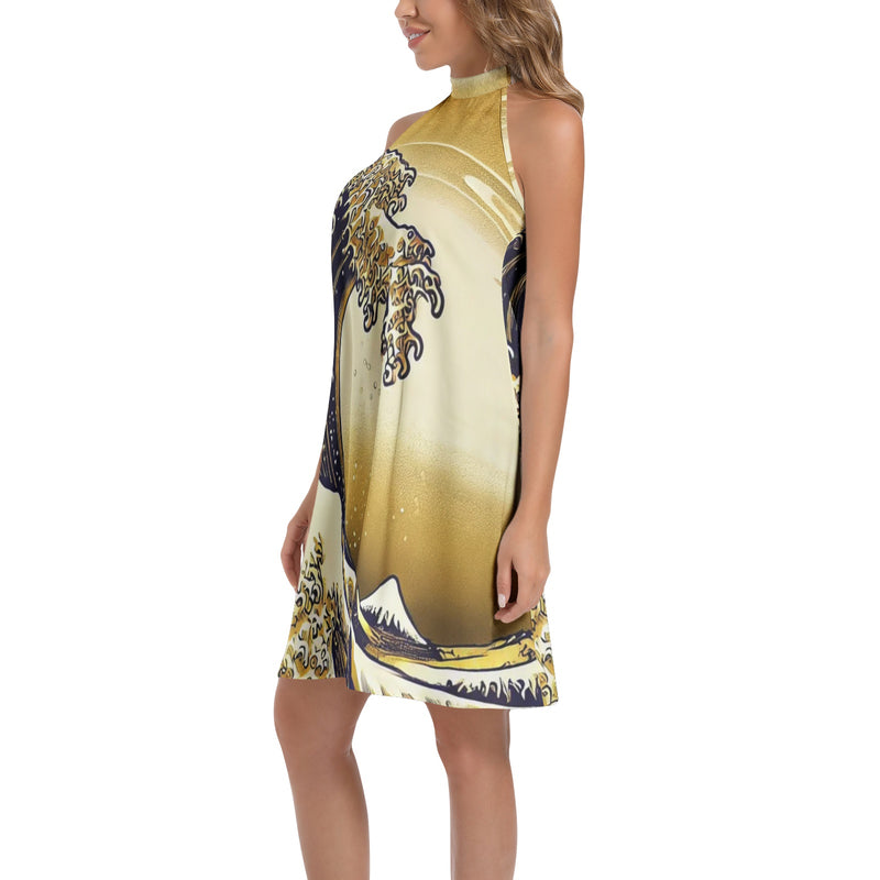 Kanagawa Gold Tie Back Halter Neck Flared Dress