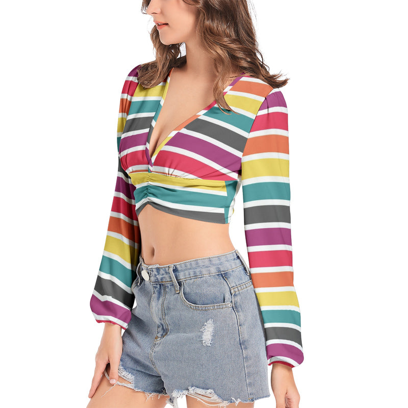 Women's Deep V-Neck Lantern Sleeve Crop Top