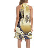 Kanagawa Gold Tie Back Halter Neck Flared Dress