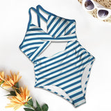 swimsuit striped print 2 Women's Twist Front Tie Back Swimsuit (Model S57)