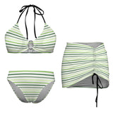 green 4 stripes print 5E Drawstring Halterneck Three-Piece Swimsuit Skirt