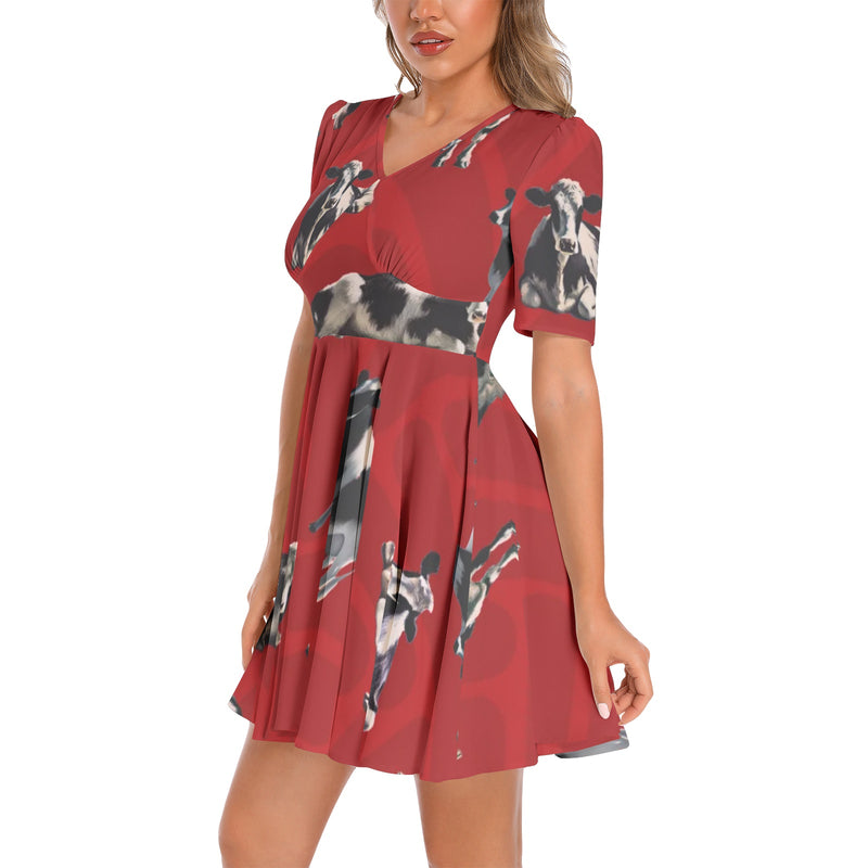 Short Sleeve Ruched Bust Flared Hem Dress