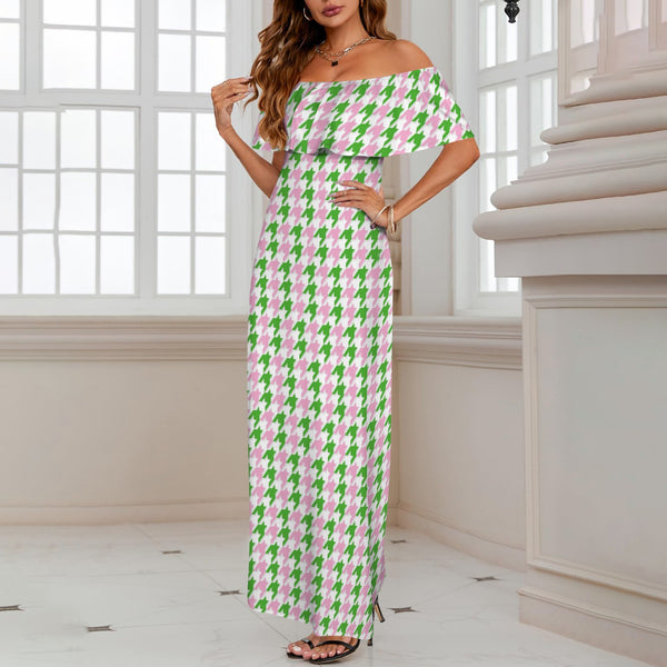 pk grn print 4A Women's Off Shoulder Ruffle Boat Neck Dress (Model D71)