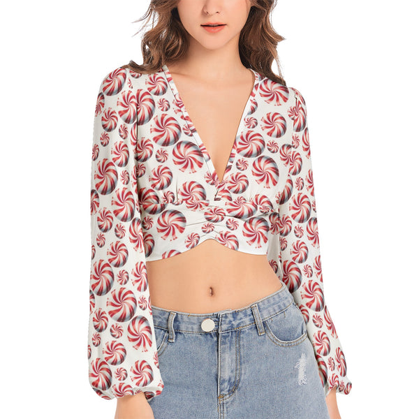 Women's Deep V-Neck Lantern Sleeve Crop Top