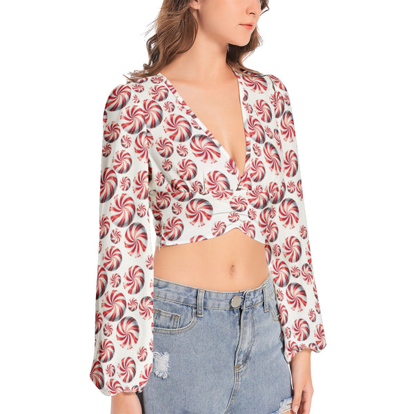 Women's Deep V-Neck Lantern Sleeve Crop Top