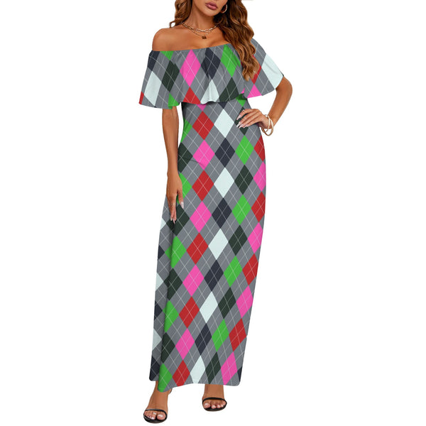 argyle print 3 Women's Off Shoulder Ruffle Boat Neck Dress (Model D71)